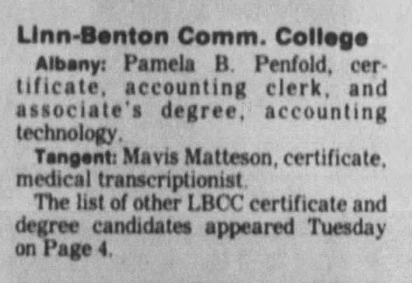 Albany Democrat-Herald (Albany, Oregon) 10 Jun 1993, Thu Page 2. Mavis Matteson, medical transcriptionist certificate.